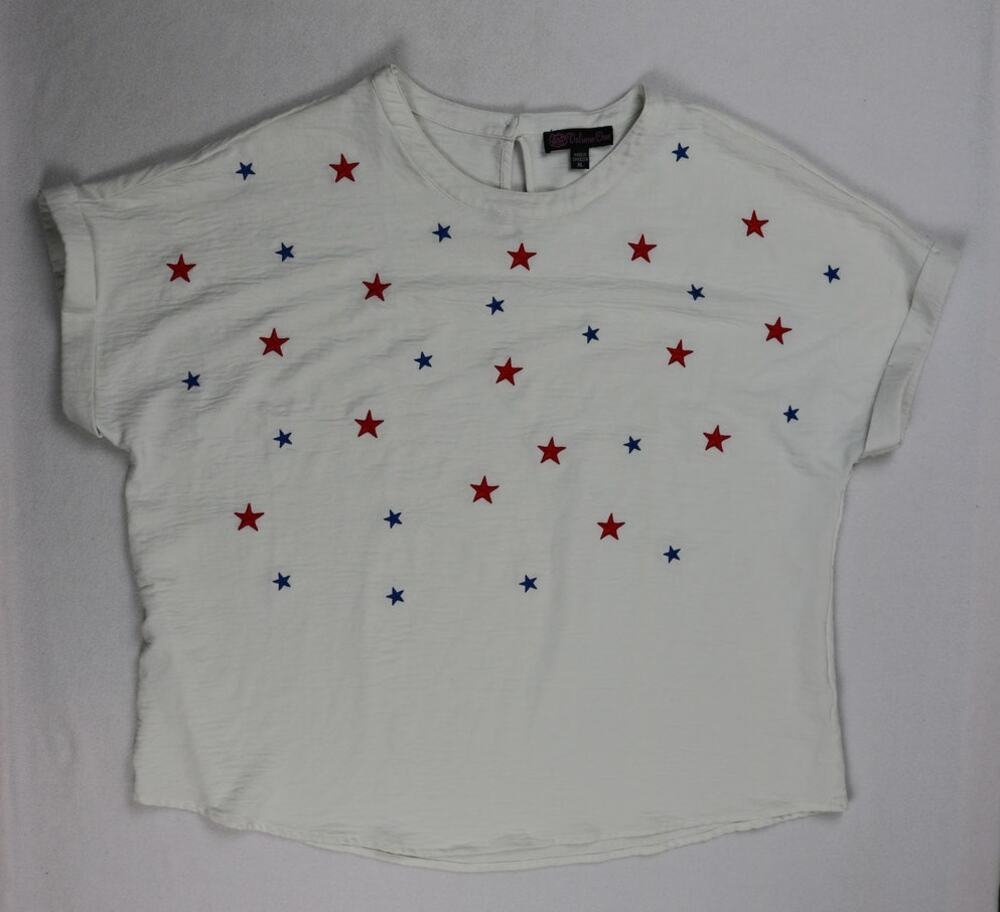 Volume One Women XL Short Sleeve Top White Red Blue Patriotic Star Print Tee